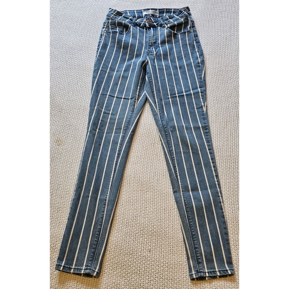 Almost Famous Jeans Blue White Stripe Juniors Sz 5 High Rise Skinny Ankle 24×26